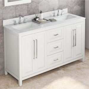 Jeffrey Alexander VKITCAD60WHWCR 60" White Cade Vanity, double bowl, White Carrara Marble Vanity Top, undermount rectangle bowl