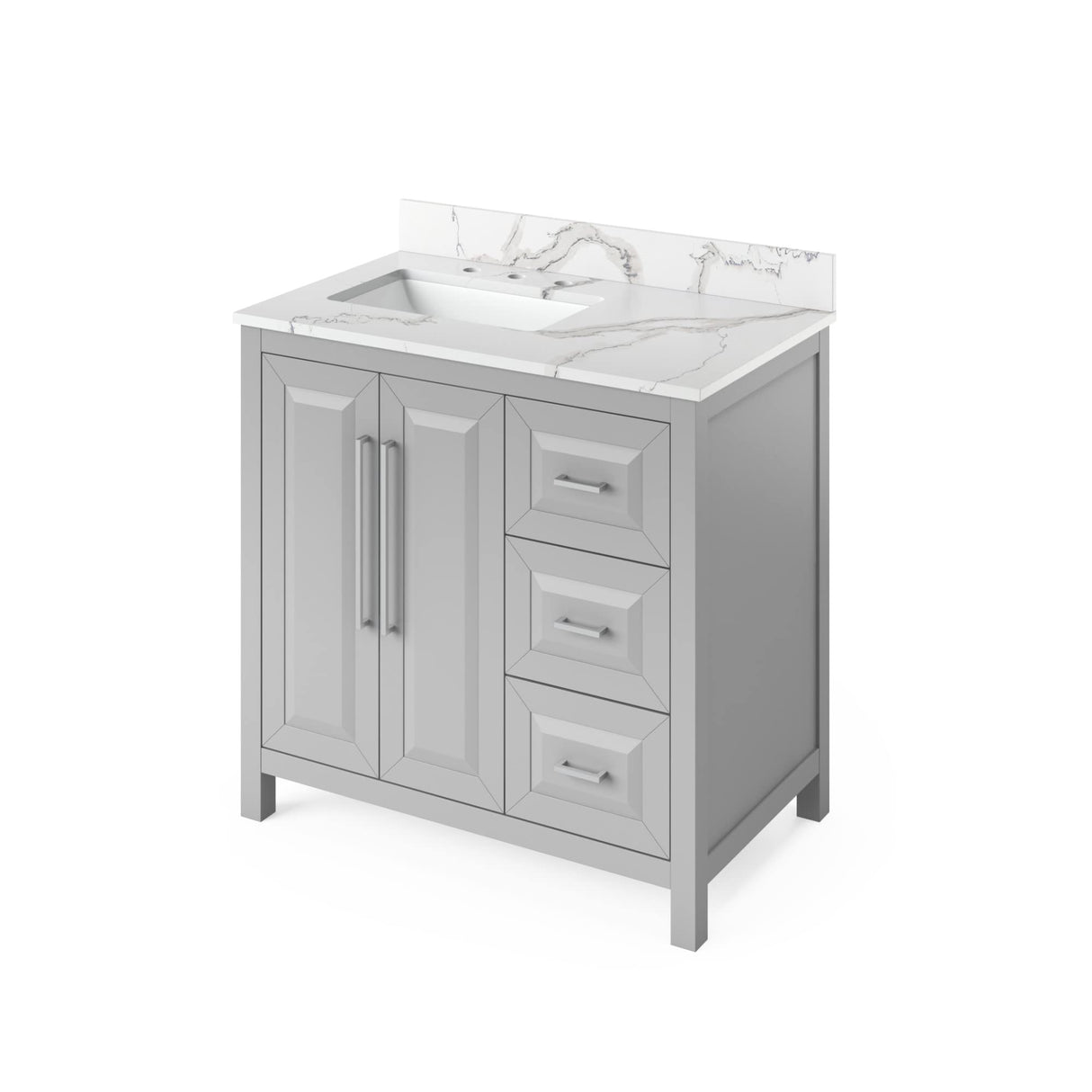 Jeffrey Alexander VKITCAD36GRSGR 36" Grey Cade Vanity, left offset, Steel Grey Cultured Marble Vanity Top, undermount rectangle bowl
