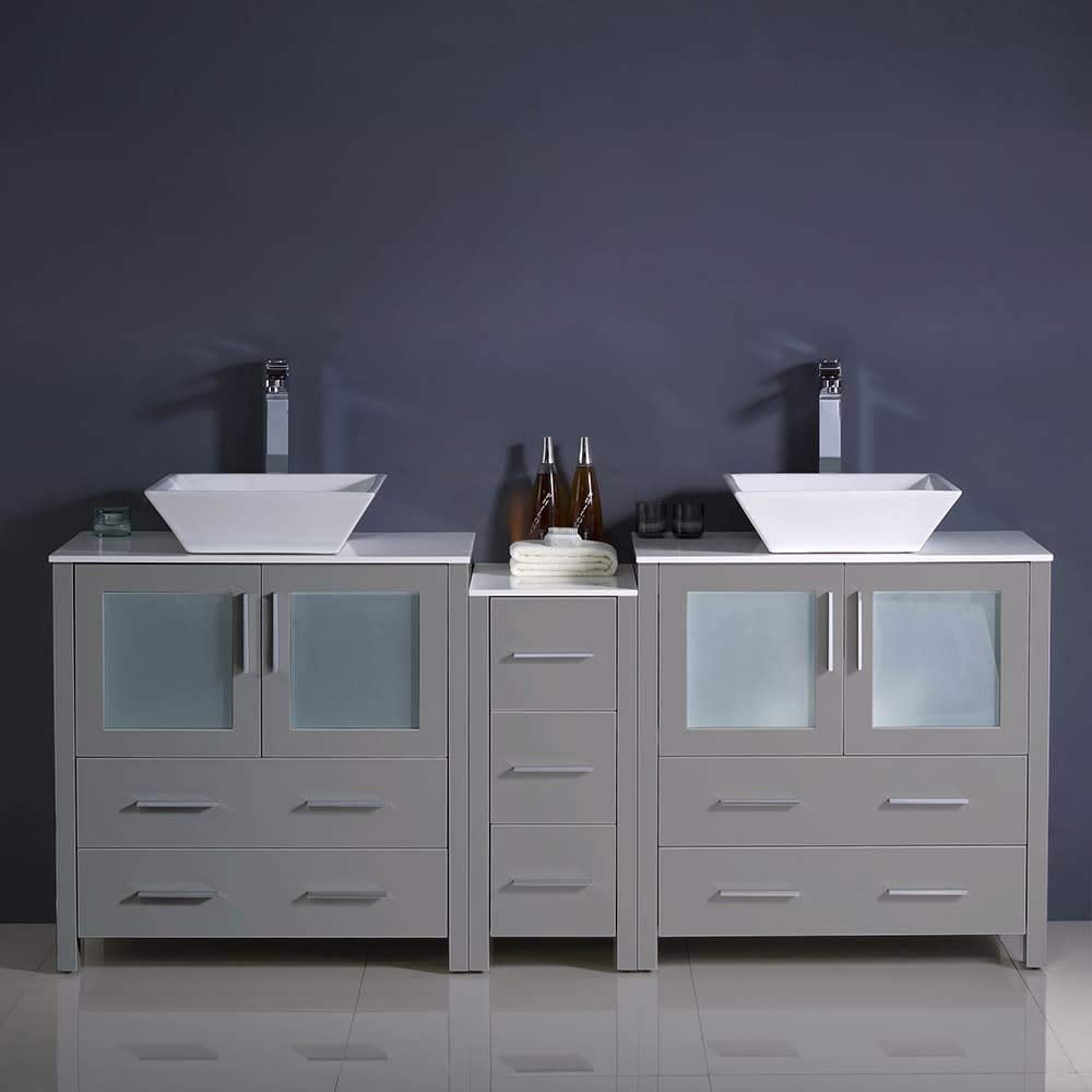 Fresca FCB62-301230GO-CWH-V Fresca Torino 72" Gray Oak Modern Double Sink Bathroom Cabinets w/ Tops & Vessel Sinks