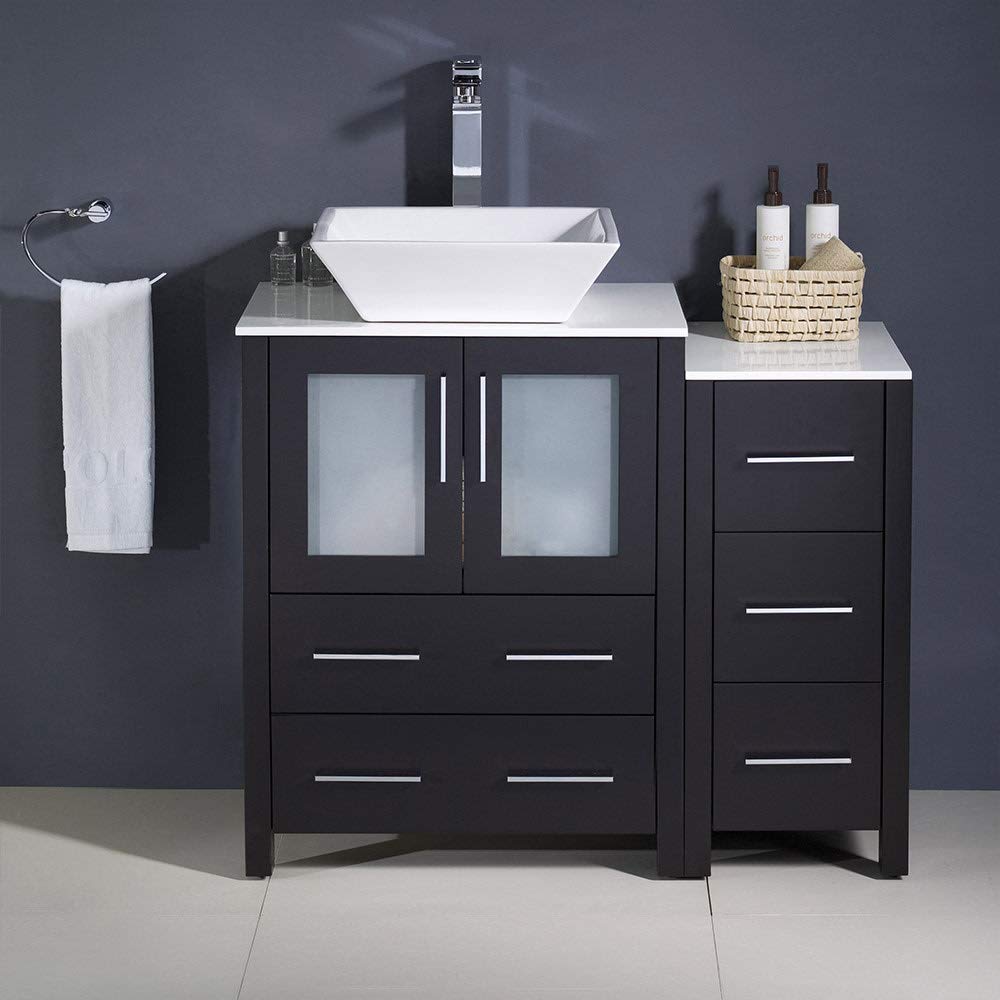 Fresca FCB62-2412WH-CWH-V Fresca Torino 36" White Modern Bathroom Cabinets w/ Top & Vessel Sink