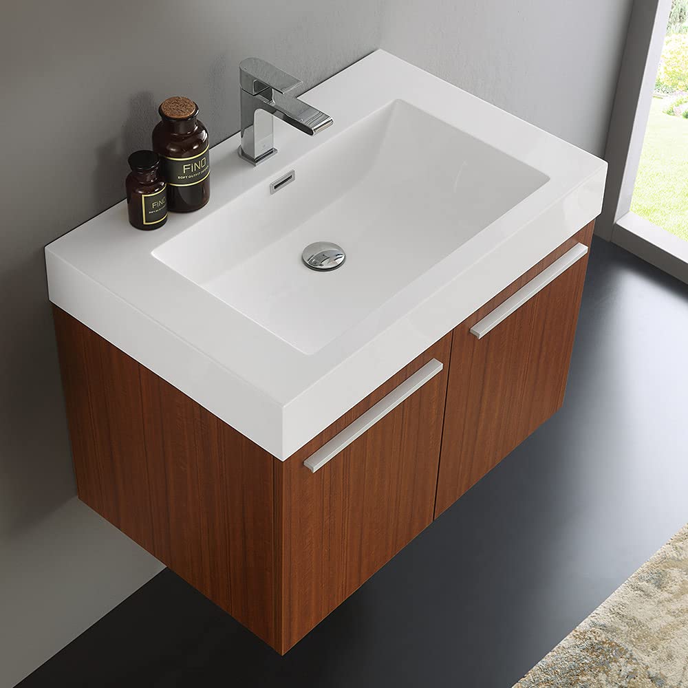 Fresca FCB8089TK-I Fresca Vista 30" Teak Wall Hung Modern Bathroom Cabinet w/ Integrated Sink