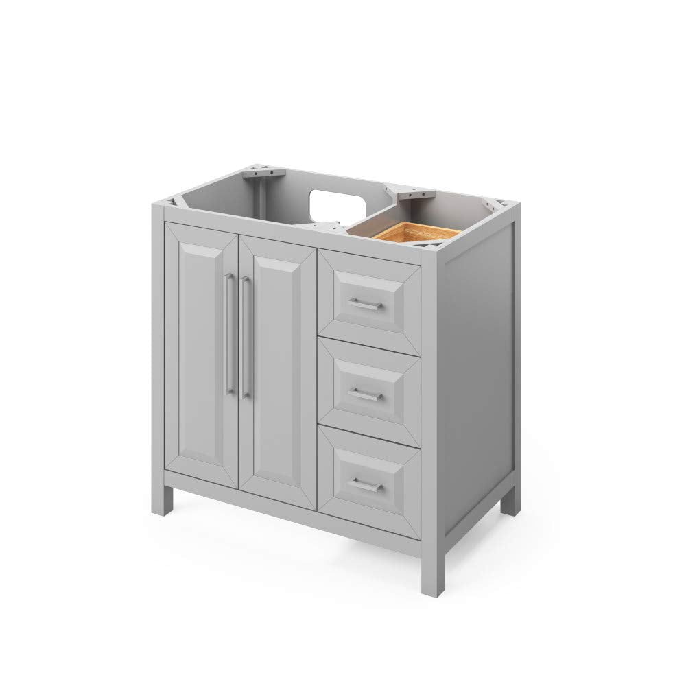 Jeffrey Alexander VKITCAD36GRWCR 36" Grey Cade Vanity, left offset, White Carrara Marble Vanity Top, undermount rectangle bowl