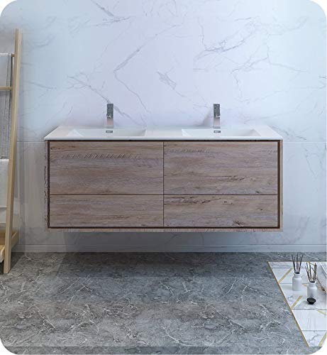 Fresca FCB9260RNW-D-I Fresca Catania 60" Rustic Natural Wood Wall Hung Modern Bathroom Cabinet w/ Integrated Double Sink