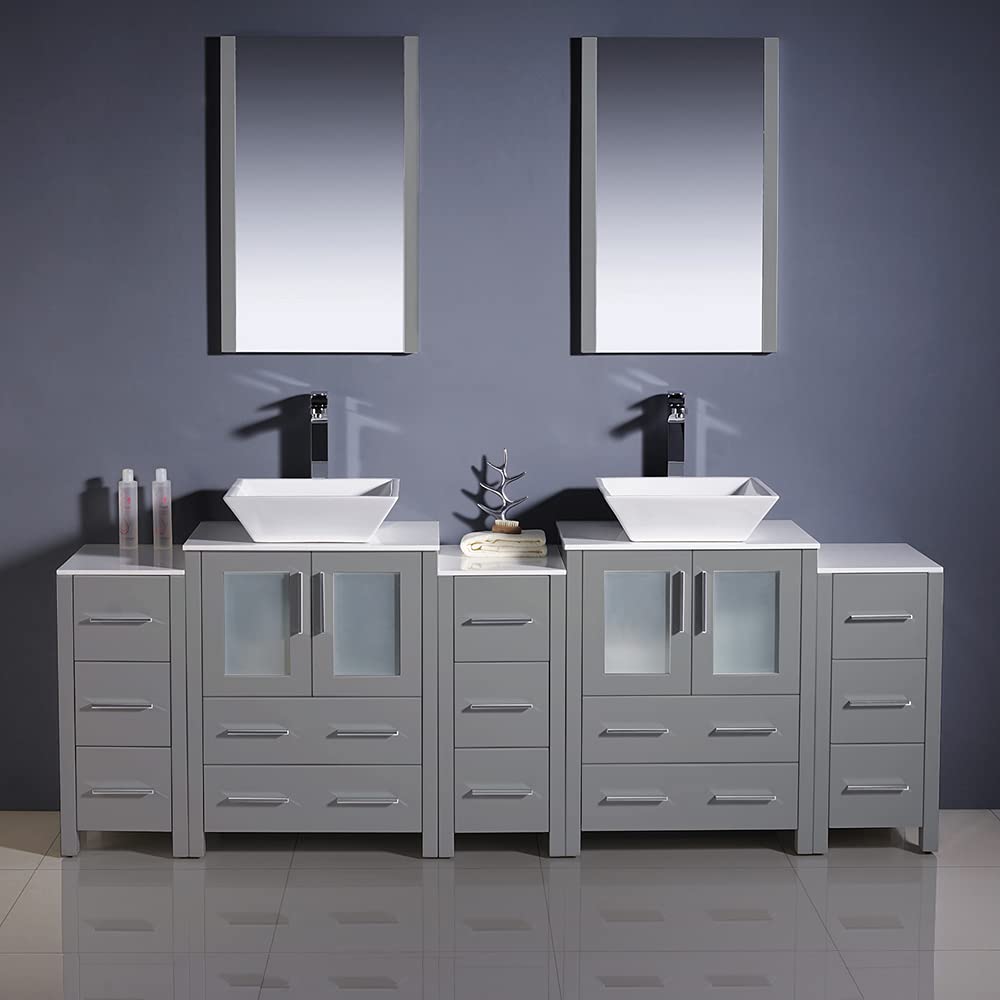 Fresca FVN62-72GR-VSL Fresca Torino 84" Gray Modern Double Sink Bathroom Vanity w/ 3 Side Cabinets & Vessel Sinks