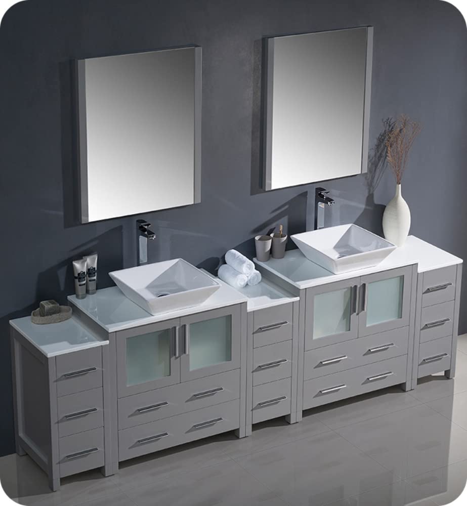 Fresca FVN62-96GR-VSL Fresca Torino 96" Gray Modern Double Sink Bathroom Vanity w/ 3 Side Cabinets & Vessel Sinks