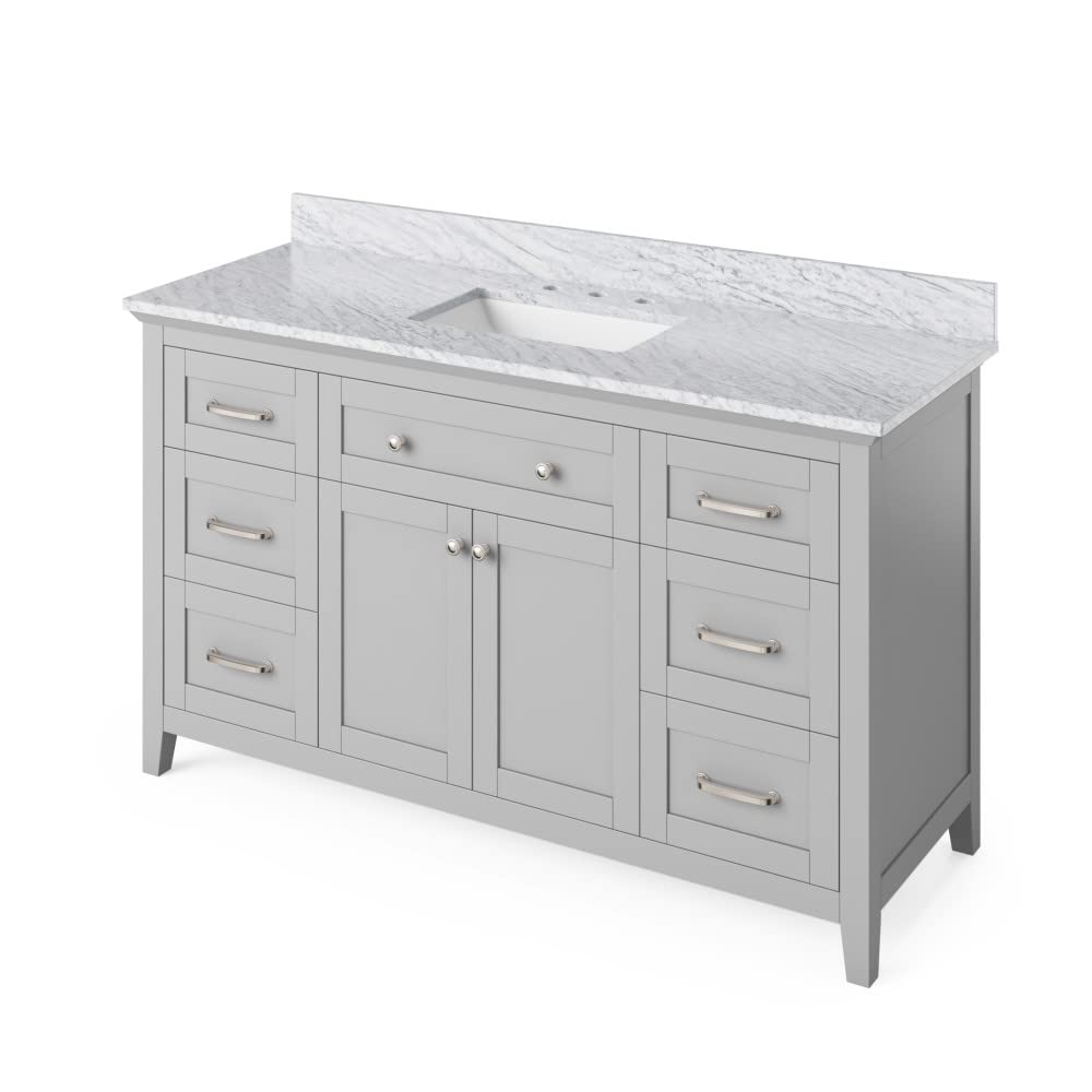 Jeffrey Alexander VKITCHA60SGRWCR 60" Grey Chatham Vanity, White Carrara Marble Vanity Top, undermount rectangle bowl