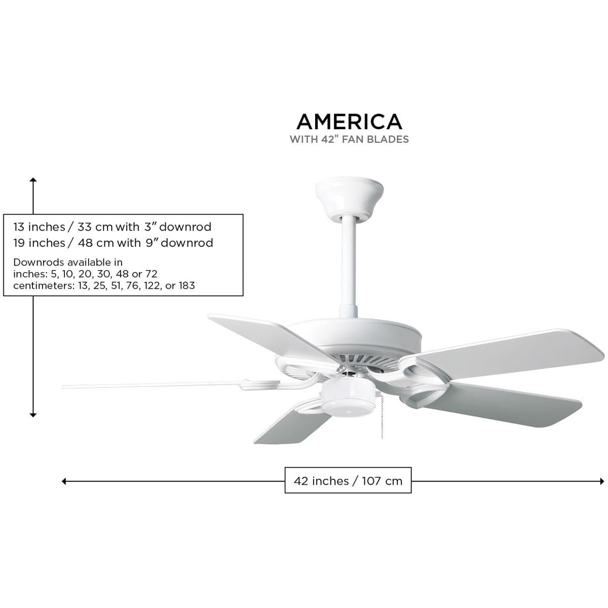 Matthews Fan AM-USA-WH-42 America 3-speed ceiling fan in gloss white finish with 42" white blades. Assembled in USA.