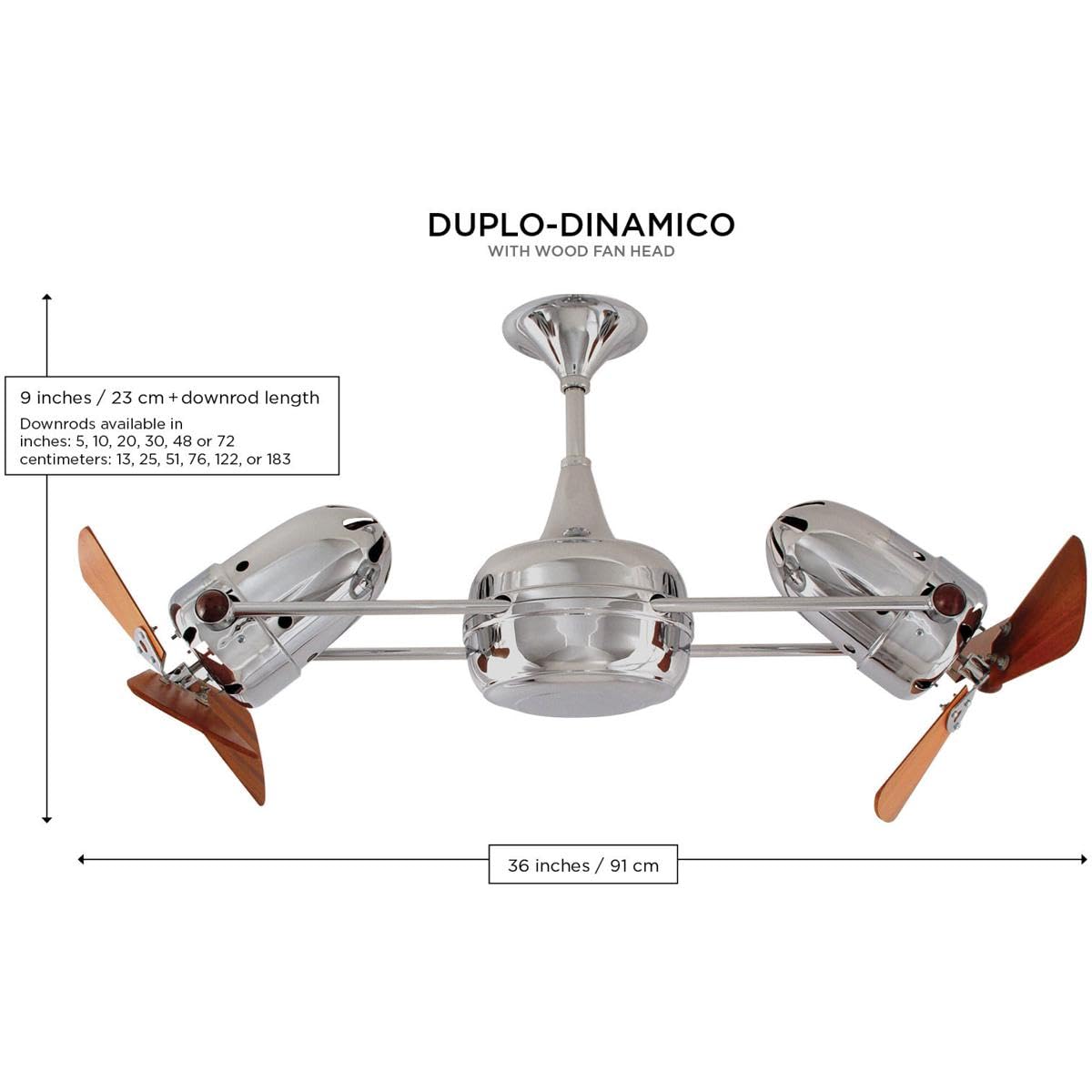 Matthews Fan DD-BN-WD Duplo Dinamico 360” rotational dual head ceiling fan in Brushed Nickel finish with solid sustainable mahogany wood blades.