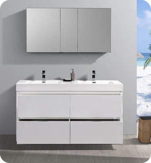 Fresca FVN8460WH-D Fresca Valencia 60" Glossy White Free Standing Double Sink Modern Bathroom Vanity w/ Medicine Cabinet