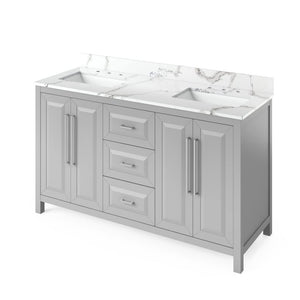 Jeffrey Alexander VKITCAD60GRCQR 60" Grey Cade Vanity, double bowl, Calacatta Vienna Quartz Vanity Top, undermount rectangle bowl