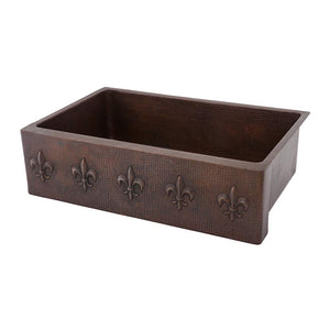 Premier Copper Products KASDB33229F 33-Inch Hammered Copper Kitchen Apron Single Basin Sink with Fleur De Lis Design, Oil Rubbed Bronze