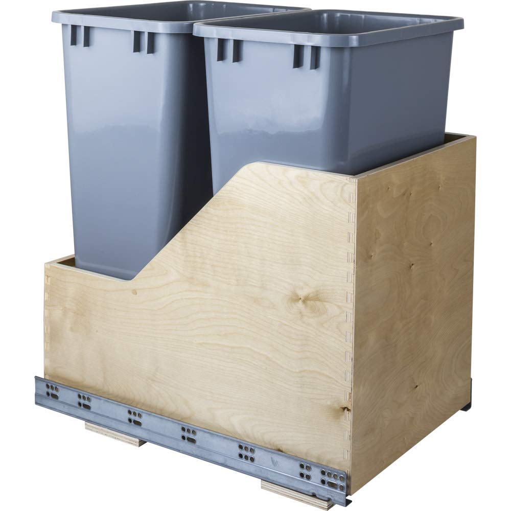 Hardware Resources CAN-WBMD50G Double 50 Quart Wood Bottom-Mount Soft-close Trashcan Rollout for Hinged Doors, Includes Grey Cans