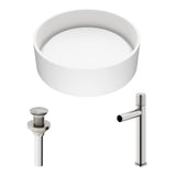 VIGO VGT2063 16.0" L -16.0" W -5.0" H Matte Stone Anvil Composite Round Vessel Bathroom Sink in White with Ashford Faucet and Pop-Up Drain in Brushed Nickel