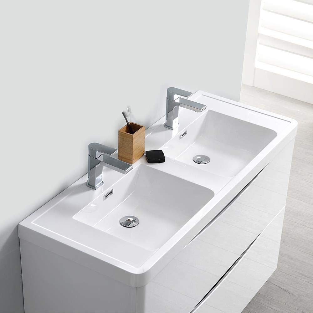 Fresca FVN9048WH-D Fresca Tuscany 48" Glossy White Wall Hung Double Sink Modern Bathroom Vanity w/ Medicine Cabinet