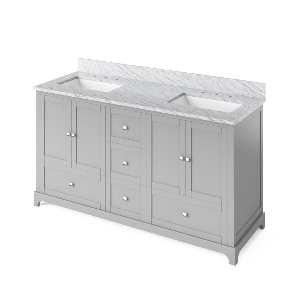 Jeffrey Alexander VKITADD60GRWCR 60" Grey Addington Vanity, double bowl, White Carrara Marble Vanity Top, two undermount rectangle bowls