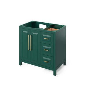 Jeffrey Alexander VKITCAD36GNCQR 36" Forest Green Cade Vanity, left offset, Calacatta Vienna Quartz Vanity Top, undermount rectangle bowl