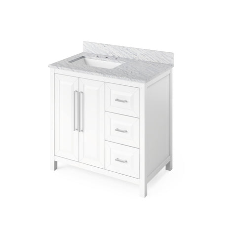 Jeffrey Alexander VKITCAD36GNSGR 36" Forest Green Cade Vanity, left offset, Steel Grey Cultured Marble Vanity Top, undermount rectangle bowl