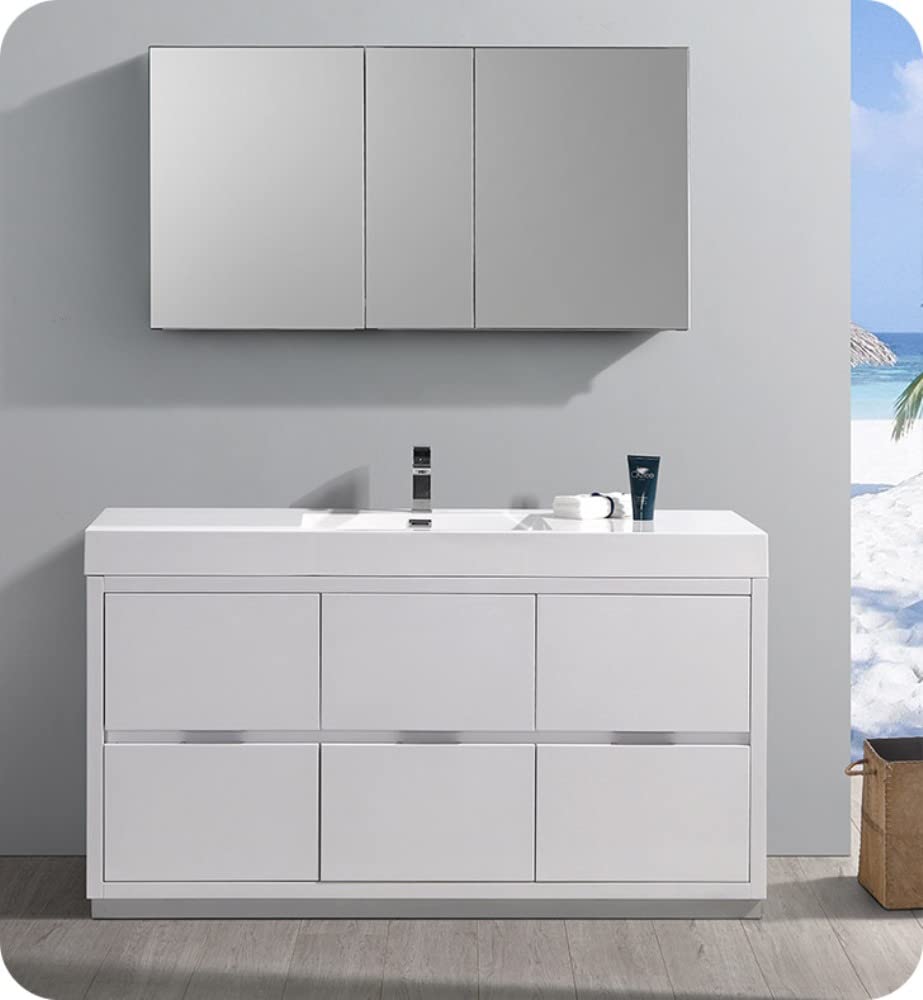 Fresca FVN8460WH Fresca Valencia 60" Glossy White Free Standing Modern Bathroom Vanity w/ Medicine Cabinet