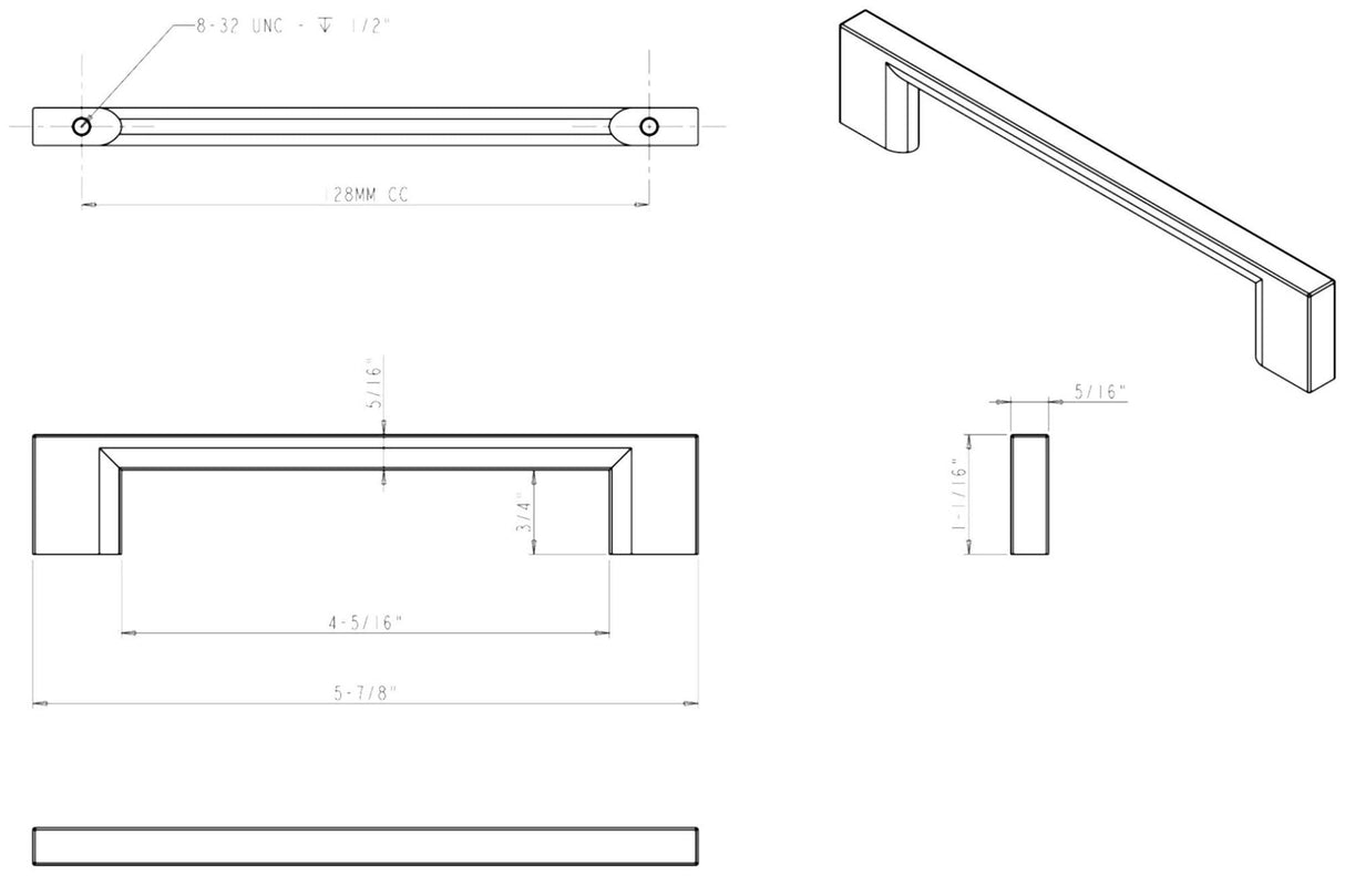 Jeffrey Alexander 635-128MB 128 mm Center-to-Center Matte Black Square Sutton Cabinet Bar Pull