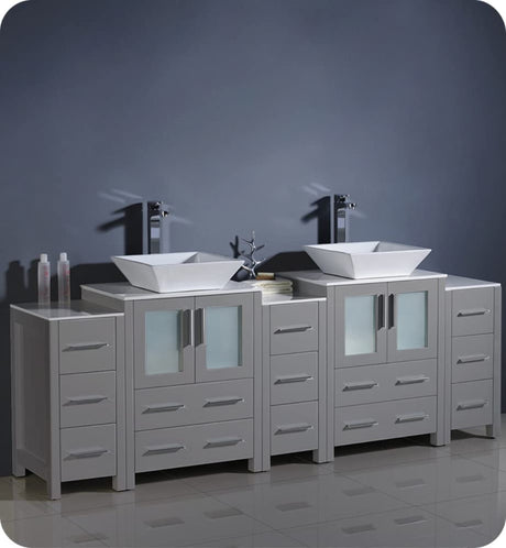 Fresca FCB62-72GR-CWH-V Fresca Torino 84" Gray Modern Double Sink Bathroom Cabinets w/ Tops & Vessel Sinks