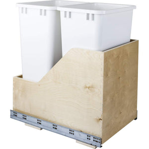 Hardware Resources CAN-WBMD50WH Double 50 Quart Wood Bottom-Mount Soft-close Trashcan Rollout for Hinged Doors, Includes White Cans