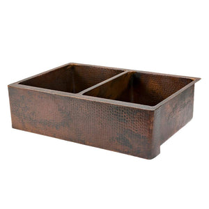 Premier Copper Products KA50DB33229 33-Inch Hammered Copper Kitchen Apron 50/50 Double Basin Sink, Oil Rubbed Bronze