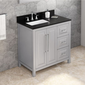 Jeffrey Alexander VKITCAD36GRBGR 36" Grey Cade Vanity, left offset, Black Granite Vanity Top, undermount rectangle bowl