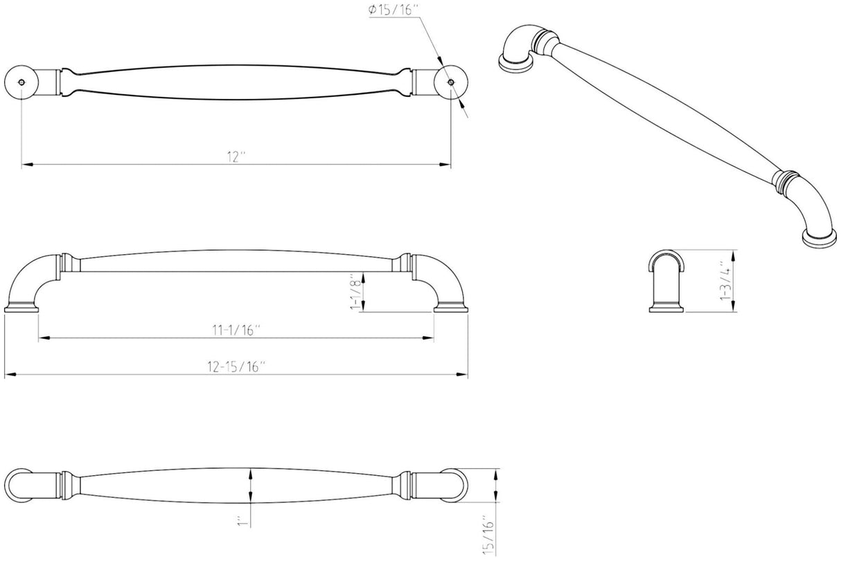 Jeffrey Alexander 737-12BNBDL 12" Center-to-Center Brushed Pewter Chesapeake Appliance Handle