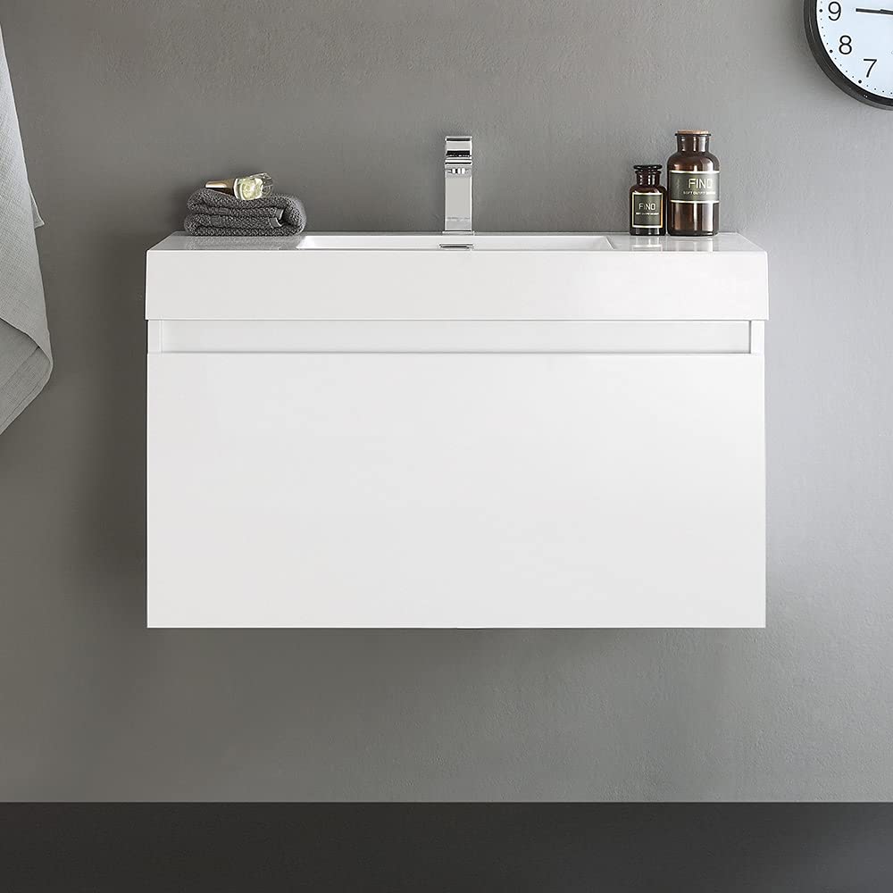 Fresca FCB8008TK-I Fresca Mezzo 36" Teak Wall Hung Modern Bathroom Cabinet w/ Integrated Sink