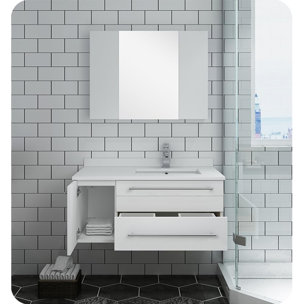 Fresca FVN6136WH-UNS-R Fresca Lucera 36" White Wall Hung Undermount Sink Modern Bathroom Vanity w/ Medicine Cabinet - Right Version