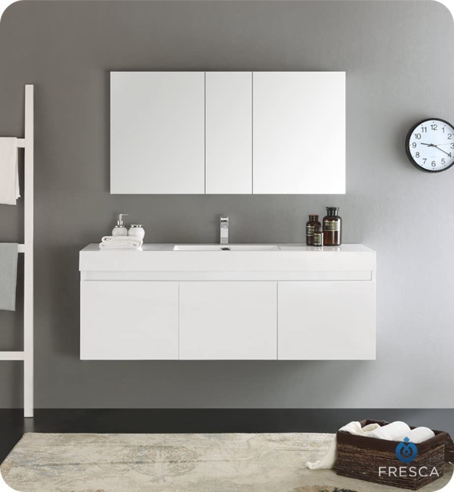 Fresca FCB8041WH Fresca Mezzo 60" White Wall Hung Single Sink Modern Bathroom Cabinet