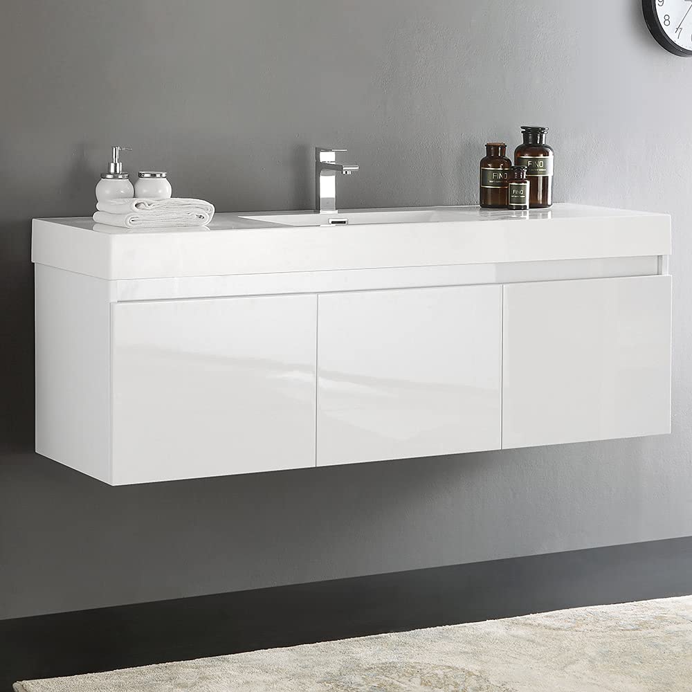 Fresca FCB8041BW-I Fresca Mezzo 60" Black Wall Hung Single Sink Modern Bathroom Cabinet w/ Integrated Sink