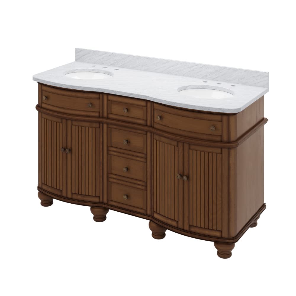 Jeffrey Alexander VKITCOM60WAWCO 60" Walnut Compton Vanity, double bowl, Compton-only White Carrara Marble Vanity Top, two undermount oval bowls