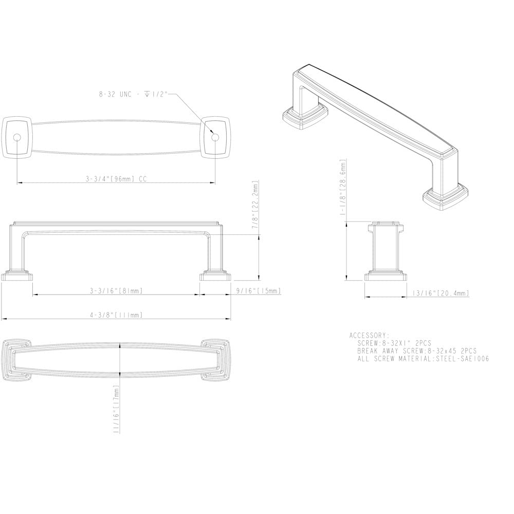 Jeffrey Alexander 171-96DBAC 96 mm Center-to-Center Brushed Oil Rubbed Bronze Richard Cabinet Pull