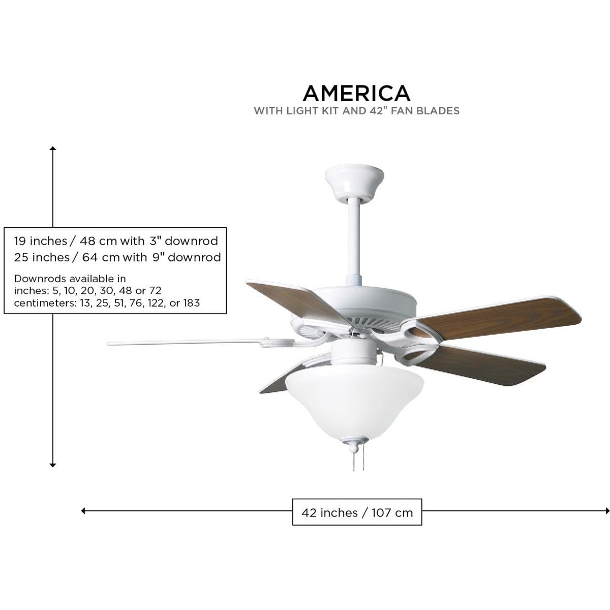 Matthews Fan AM-USA-WH-42 America 3-speed ceiling fan in gloss white finish with 42" white blades. Assembled in USA.