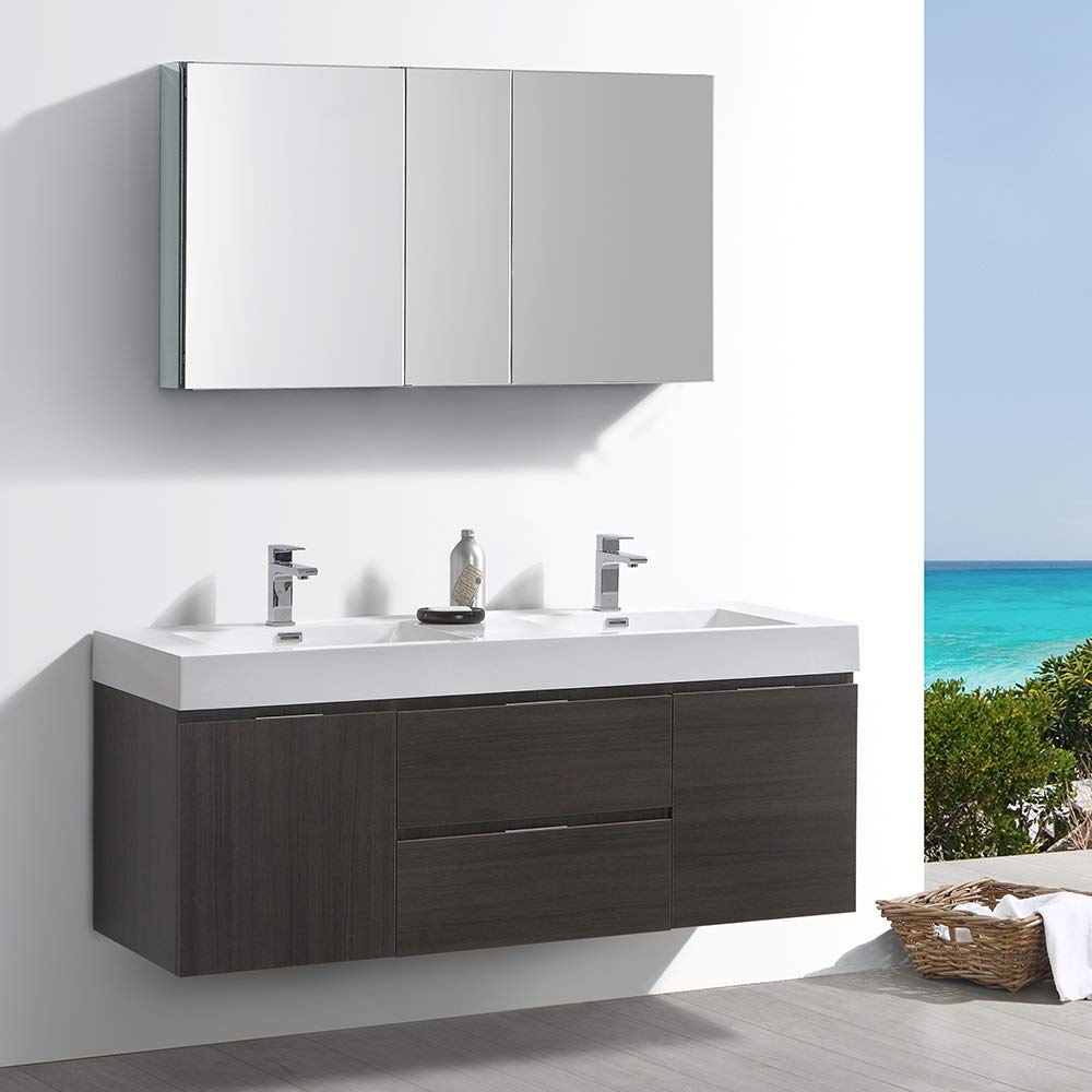 Fresca FVN8360GG-D Fresca Valencia 60" Dark Slate Gray Wall Hung Double Sink Modern Bathroom Vanity w/ Medicine Cabinet