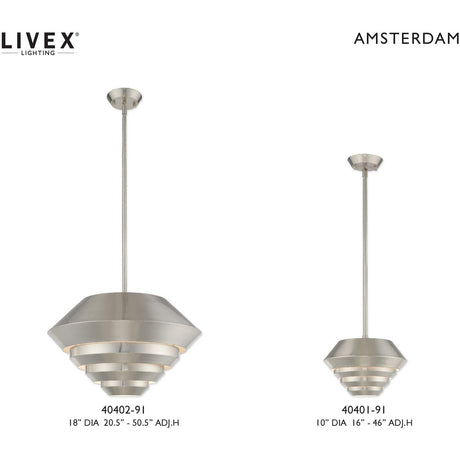 Livex Lighting 40401-91 Amsterdam - 16" One Light Mini Pendant, Brushed Nickel Finish with Brushed Nickel Metal Shade