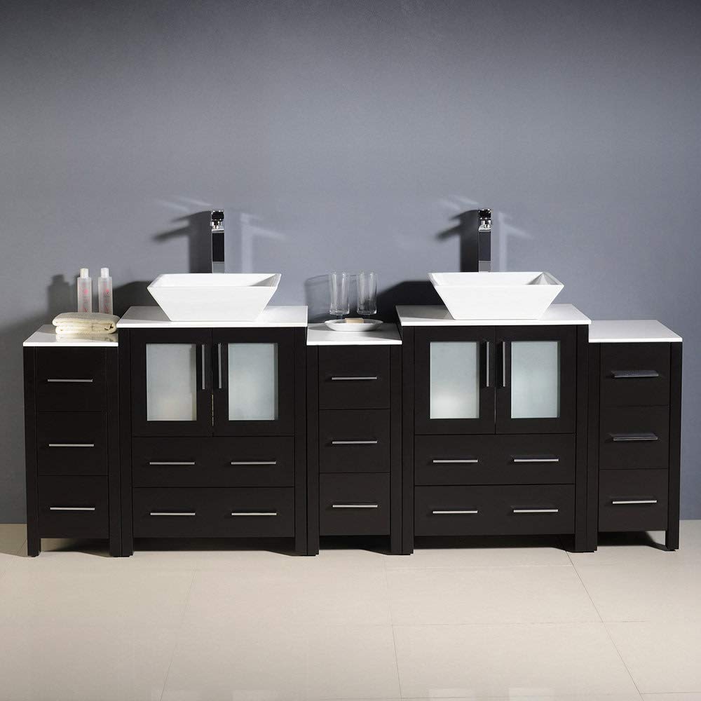 Fresca FCB62-72WH-CWH-V Fresca Torino 84" White Modern Double Sink Bathroom Cabinets w/ Tops & Vessel Sinks