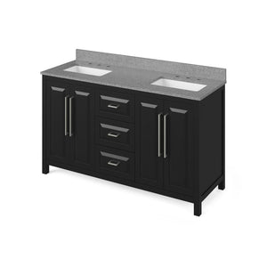 Jeffrey Alexander VKITCAD60BKSGR 60" Black Cade Vanity, double bowl, Steel Grey Cultured Marble Vanity Top, two undermount rectangle bowls
