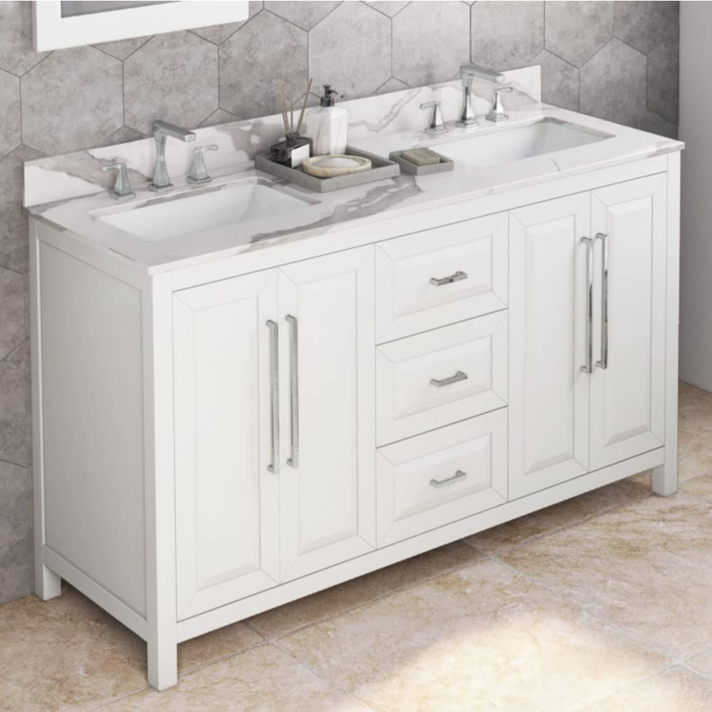 Jeffrey Alexander VKITCAD60WHCQR 60" White Cade Vanity, double bowl, Calacatta Vienna Quartz Vanity Top, undermount rectangle bowl