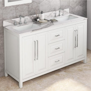 Jeffrey Alexander VKITCAD60WHCQR 60" White Cade Vanity, double bowl, Calacatta Vienna Quartz Vanity Top, undermount rectangle bowl