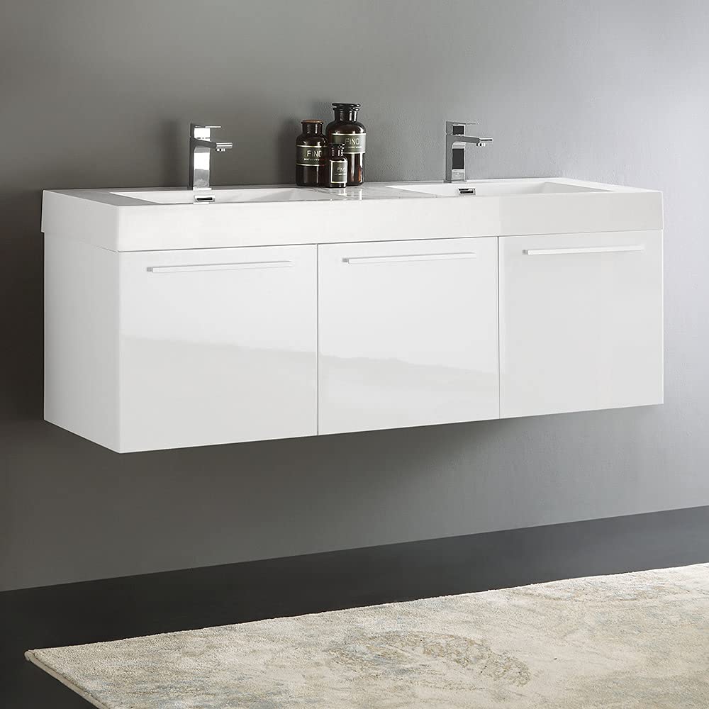Fresca FCB8093TK-D-I Fresca Vista 60" Teak Wall Hung Double Sink Modern Bathroom Cabinet w/ Integrated Sink