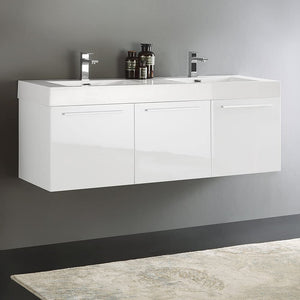 Fresca FCB8093TK-D-I Fresca Vista 60" Teak Wall Hung Double Sink Modern Bathroom Cabinet w/ Integrated Sink