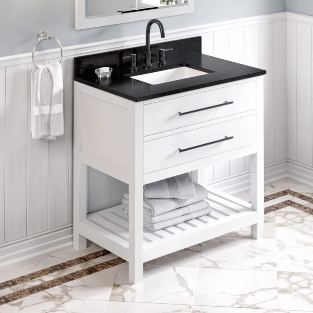 Jeffrey Alexander VKITWAV36WHBGR 36" White Wavecrest Vanity, Black Granite Vanity Top, undermount rectangle bowl