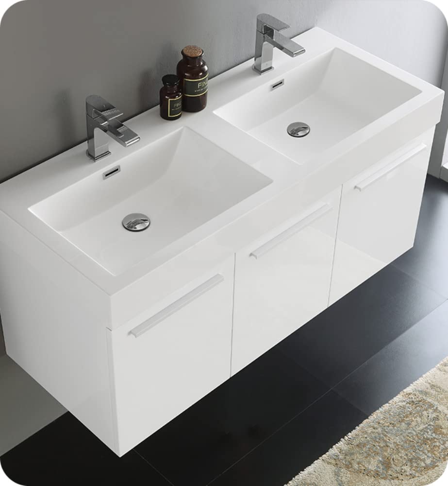 Fresca FCB8092WH-D Fresca Vista 48" White Wall Hung Double Sink Modern Bathroom Cabinet