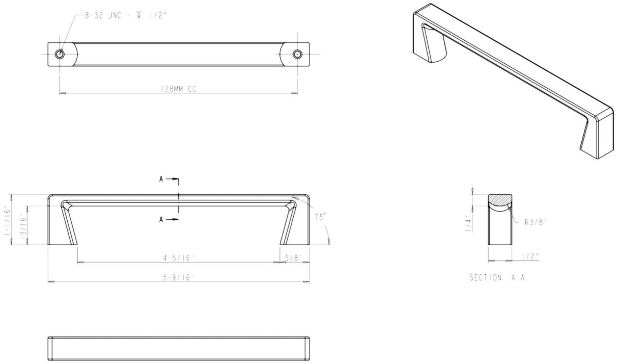 Jeffrey Alexander 177-128MB 128 mm Center-to-Center Matte Black Square Boswell Cabinet Pull