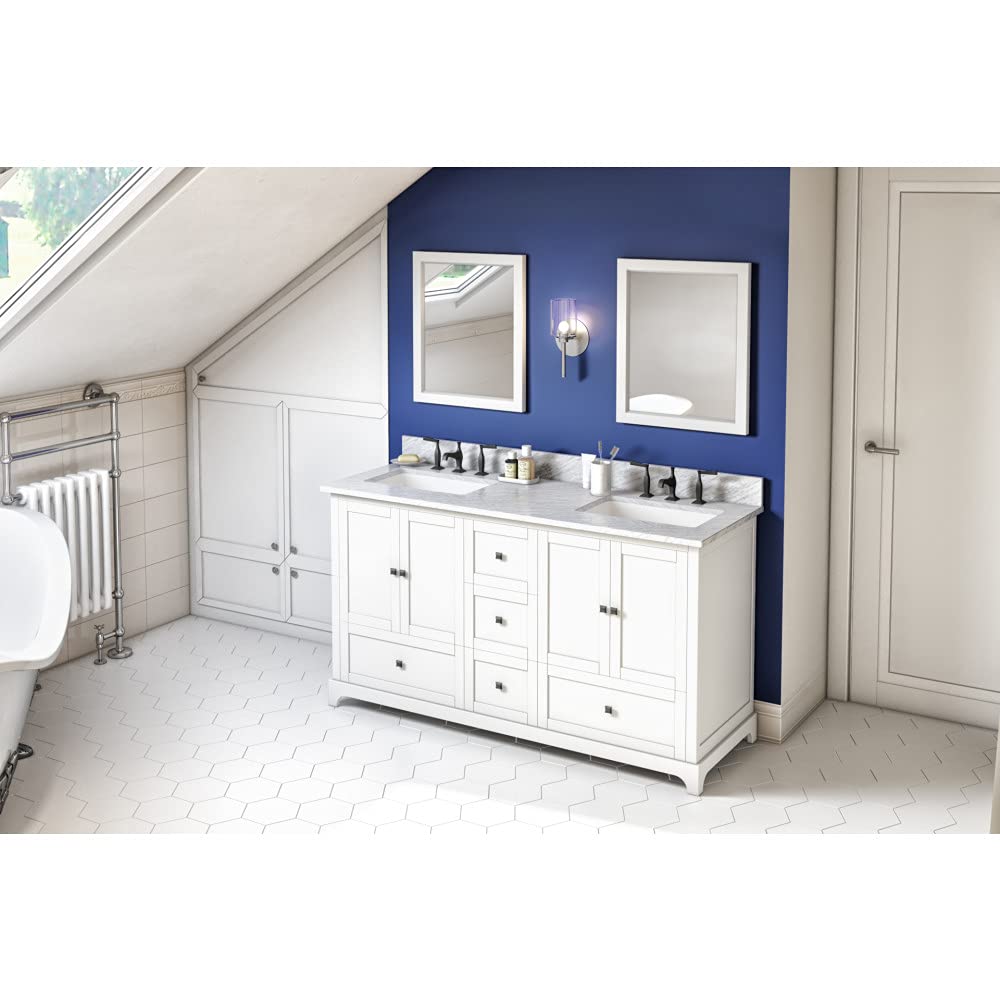 Jeffrey Alexander VKITADD60WHWCR 60" White Addington Vanity, double bowl, White Carrara Marble Vanity Top, two undermount rectangle bowls