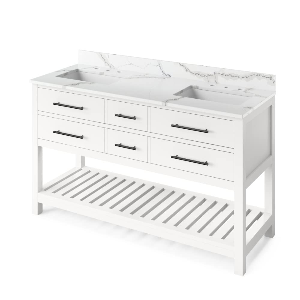 Jeffrey Alexander VKITWAV60WHCQR 60" White Wavecrest Vanity, double bowl, Calacatta Vienna Quartz Vanity Top, two undermount rectangle bowls