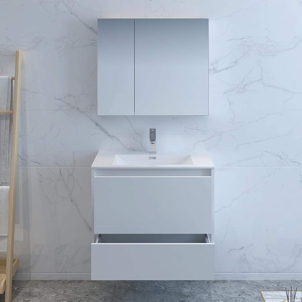 Fresca FVN9230WH Fresca Catania 30" Glossy White Wall Hung Modern Bathroom Vanity w/ Medicine Cabinet