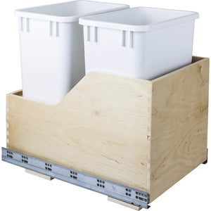 Hardware Resources CAN-WBMD35WH Double 35 Quart Wood Bottom-Mount Soft-close Trashcan Rollout for Hinged Doors, Includes Two White Cans